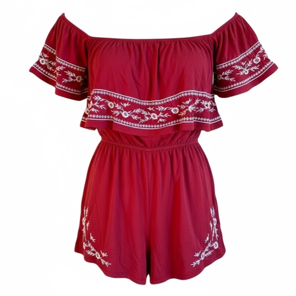 American Eagle Romper Red Boho Embroidered Off Shoulder Ruffle Peasant Cottage